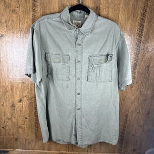 Red Head Button Up Camp Shirt, Men's Green Cotton Short Sleeve Pockets L